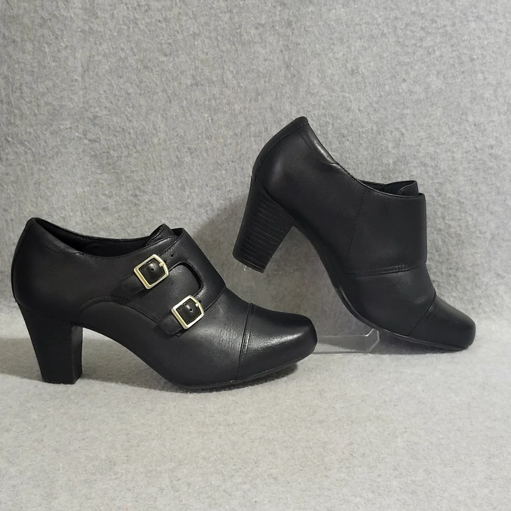 Clarks Sapphire Athena Ankle Booties Shoes Size 9 W Black Leather Monk Strap